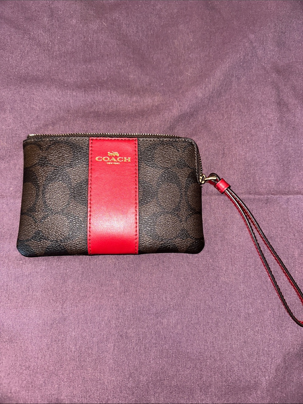 Coach Brown Signature Wristlet with Red Stripe